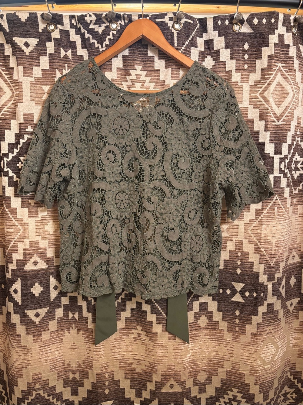 Nanette Lepore Lace Short Sleeve Top, Size XL, Hunter Green, Bow Detail